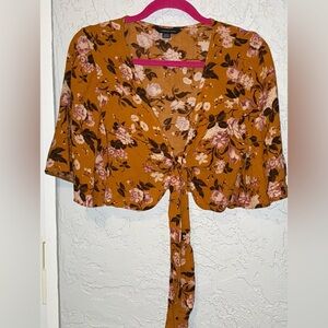 American Eagle Outfitters Mustard Floral Tie-Front Cropped Blouse